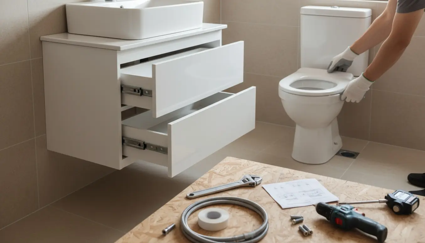 Installatør påbegynder montering af nyt toilet og hvidt underskab med vask, omgivet af værktøj og materialer i et lyst badeværelse.