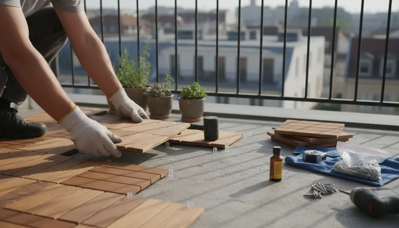 Hænder lægger træfliser på en lille altan med betonunderlag.