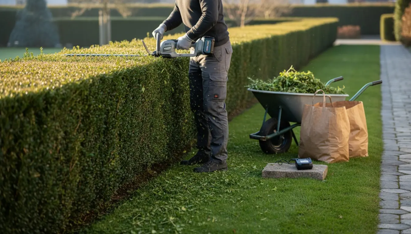 Person klipper en lang brysthøj hæk med en let batteridrevet hækkeklipper, mens afklip samles i trillebør og affaldsposer.