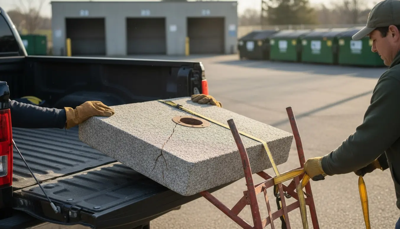 En defekt granitparasolfod med skader læsset på en varebil ved en genbrugsplads.