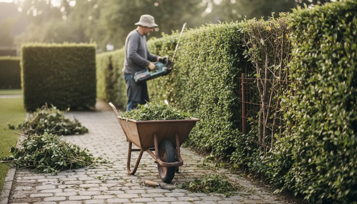 Havearbejde med hækklipning og fjernelse af ukrudt mellem herregårdssten, med trillebør og hækkeklipper.