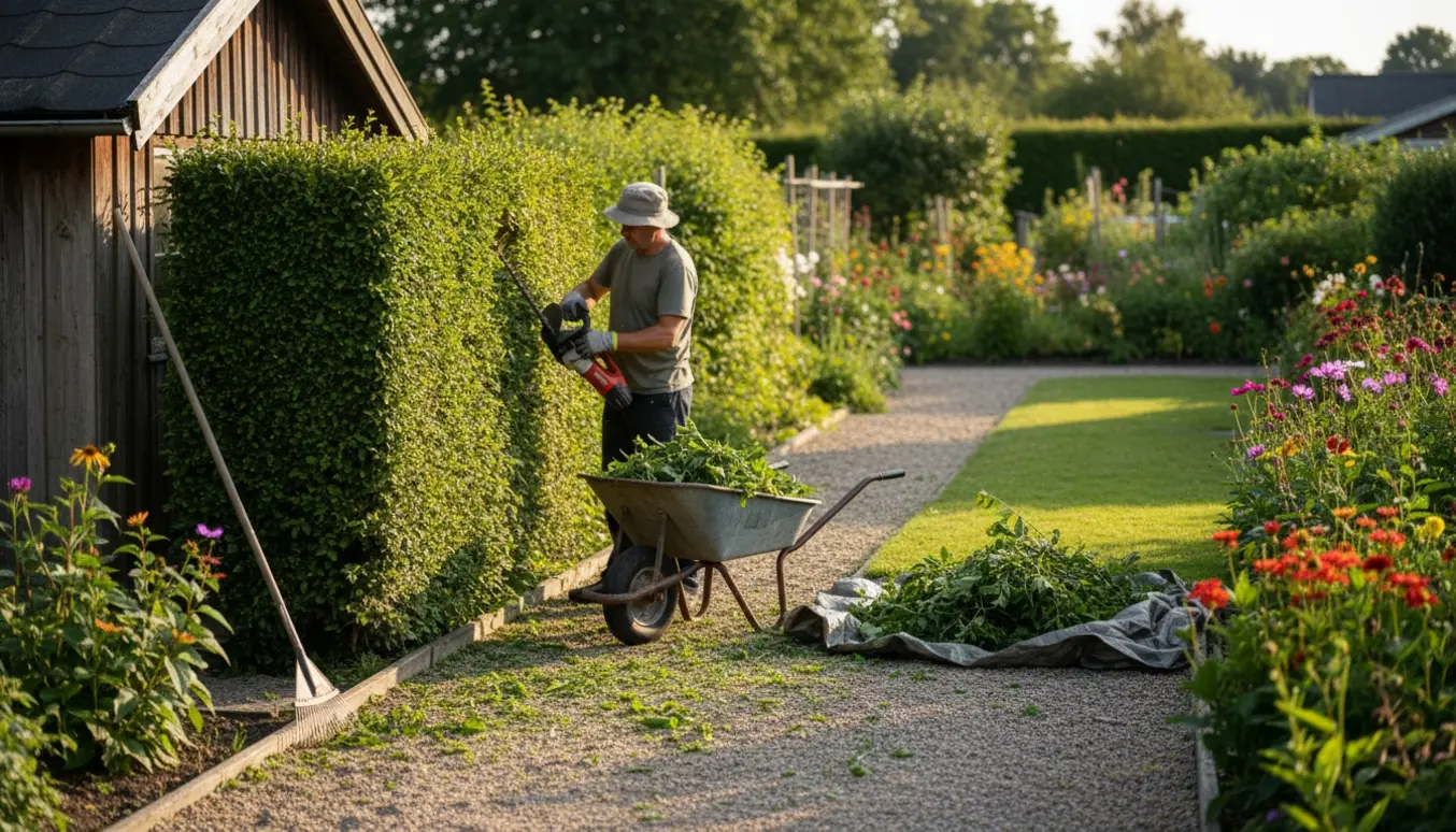 En person klipper en grøn hæk i kolonihaven i sensommerlys, med afklip samlet i en trillebør.