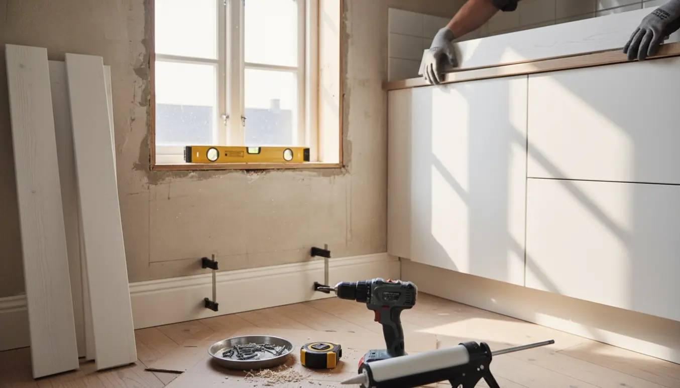 Nærbillede af montering af et lille vindue og hvide fodpaneler i et kompakt køkken med værktøj på plads.