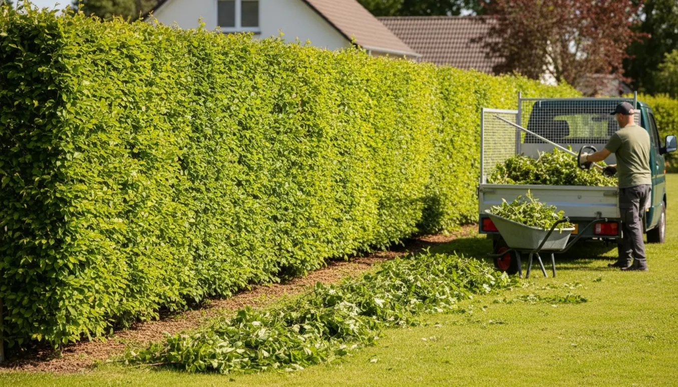 En havemand trimmer en lang bøgehæk og læsser afklip i en trailer på en solrig dag.