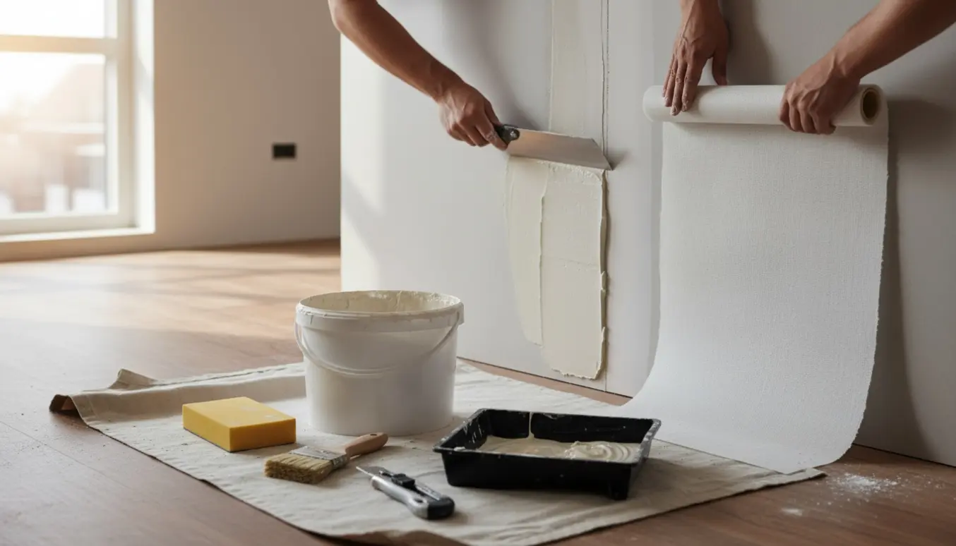 Hænder spartler væg og opsætter filt i et nyopført værelse på øverste etage med værktøj og materialer i fokus.