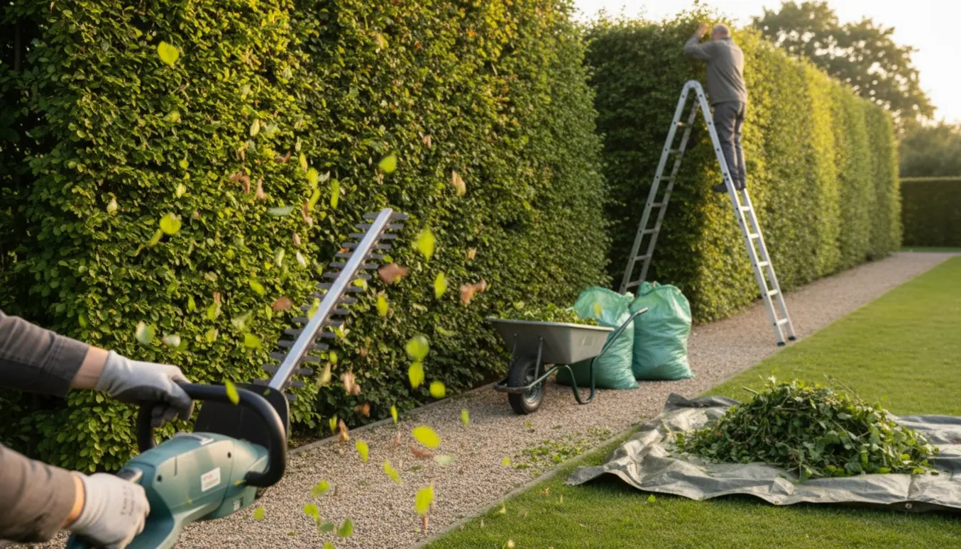 Nærbillede af klipning af en bøgehæk med elektrisk hækkeklipper, stige og skubvogn fyldt med afklip.