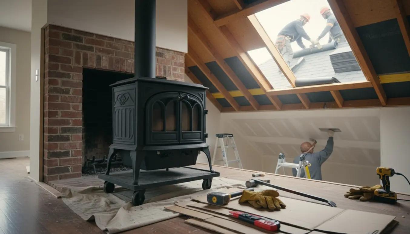 Arbejdsplads hvor en brændeovn fjernes, og hul i tag og loft lukkes.