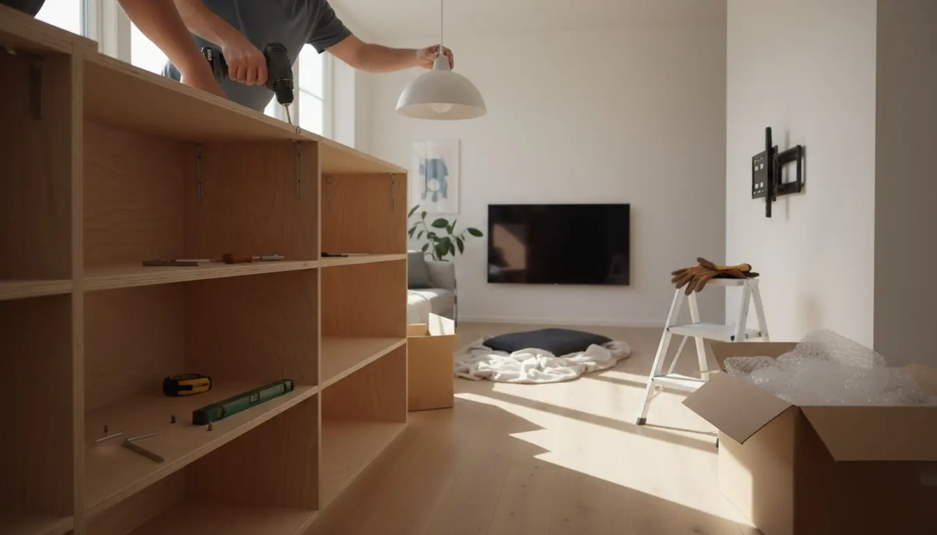 Hænder samler en reol og hænger en lampe op i en lys stue med værktøj og foldet emballage.
