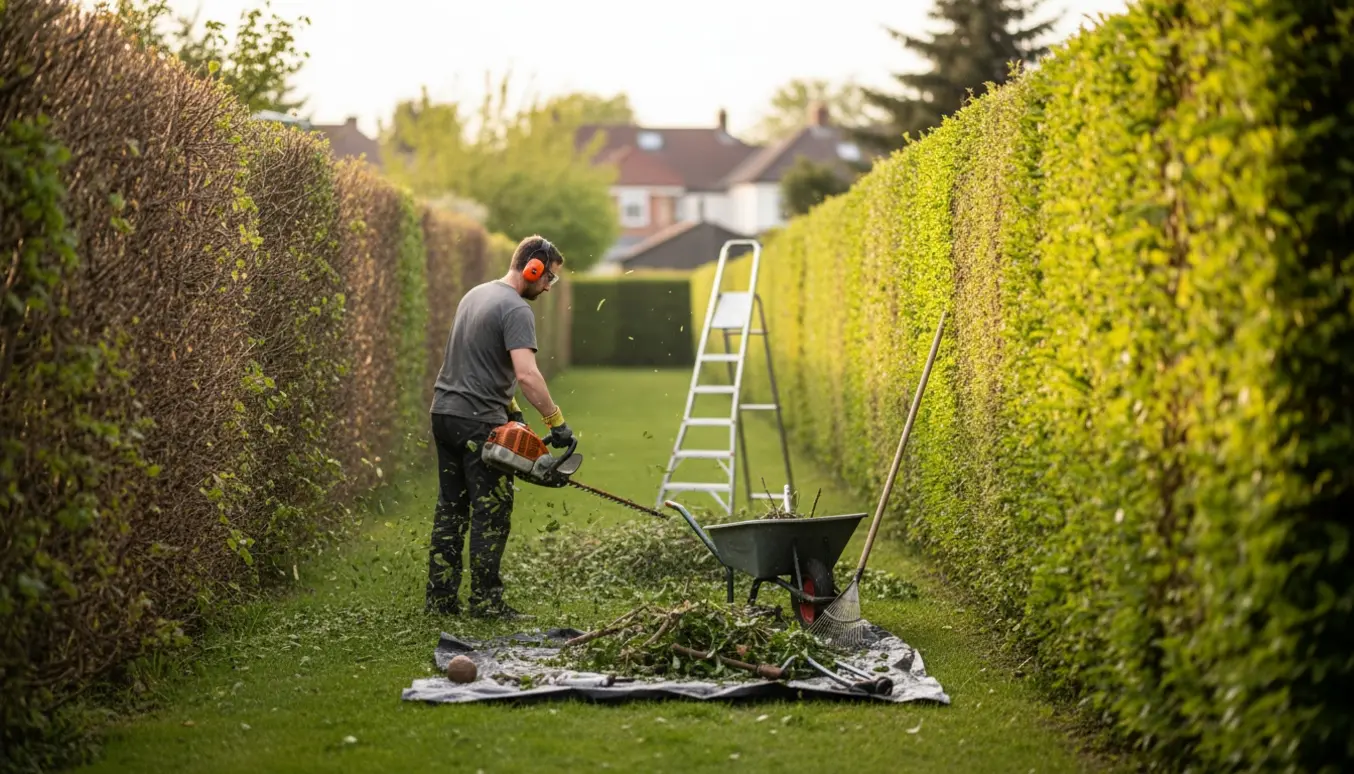 En gartner trimmer en vildtvoksende hæk på omkring 30 m, med friske afklip samlet i en trillebør og på en presenning.