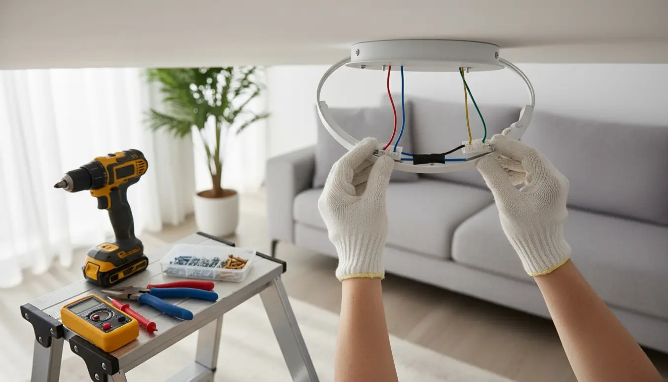 Hænder monterer en simpel LED-loftlampe fra en stige i et lyst, moderne rum.