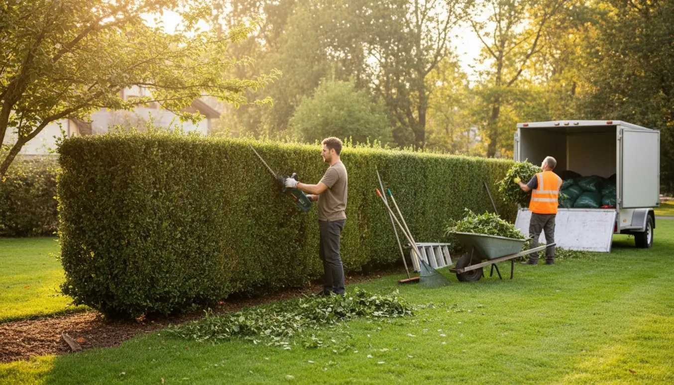 Gartner klipper en hæk og læsser afklip i en varevogn klar til bortkørsel.
