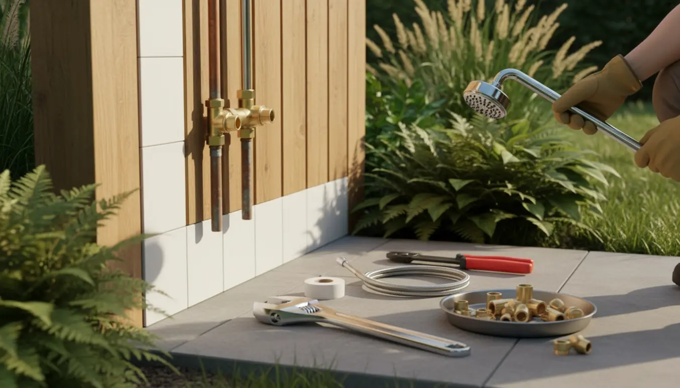 Detaljeret billede af en udebruser delvist monteret i en have med synlige rør og værktøj på en stenbelægning.