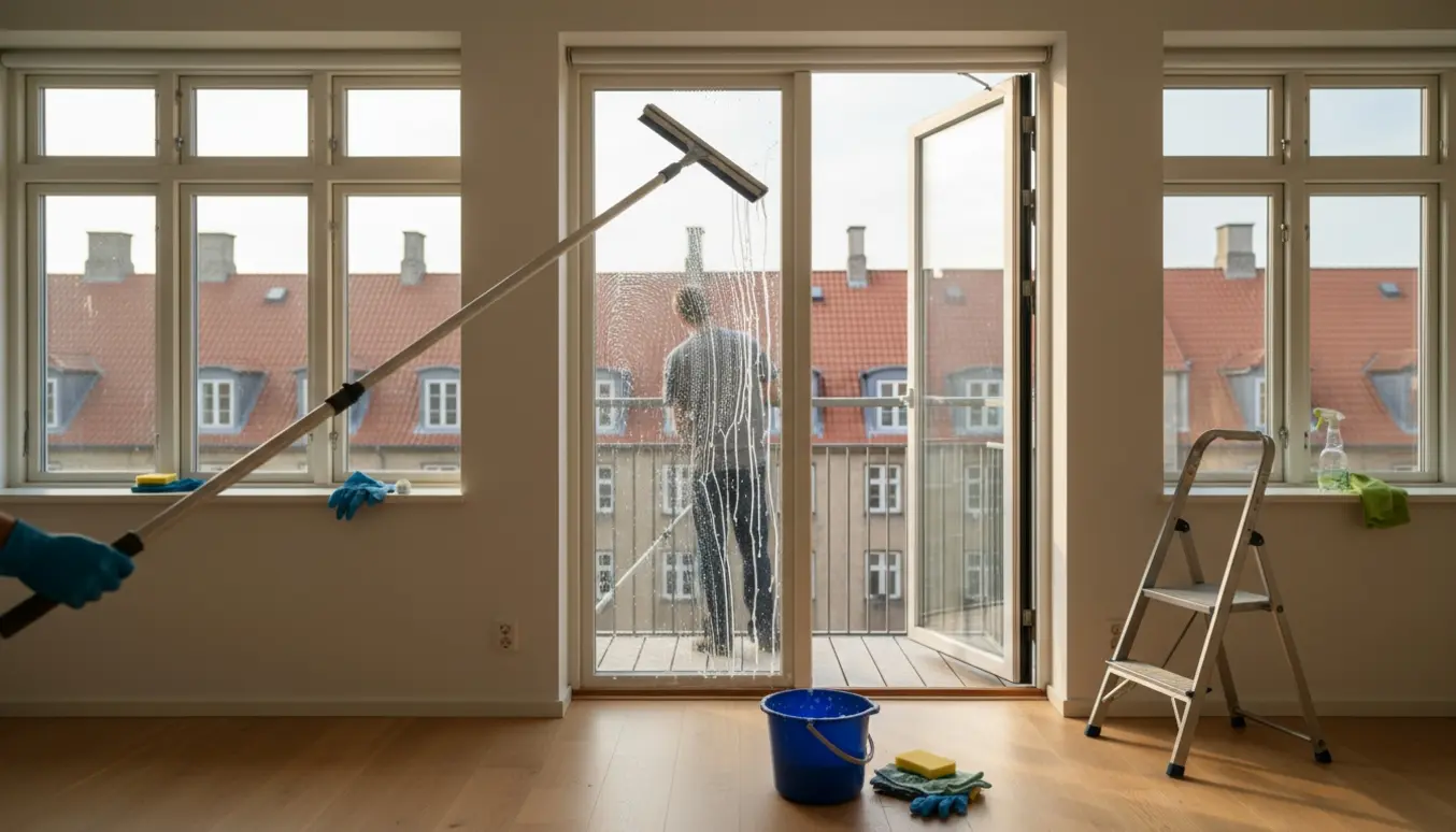 Vinduespudser renser store altandøre og flere vinduer fra første sal med forlængerstang og spand.