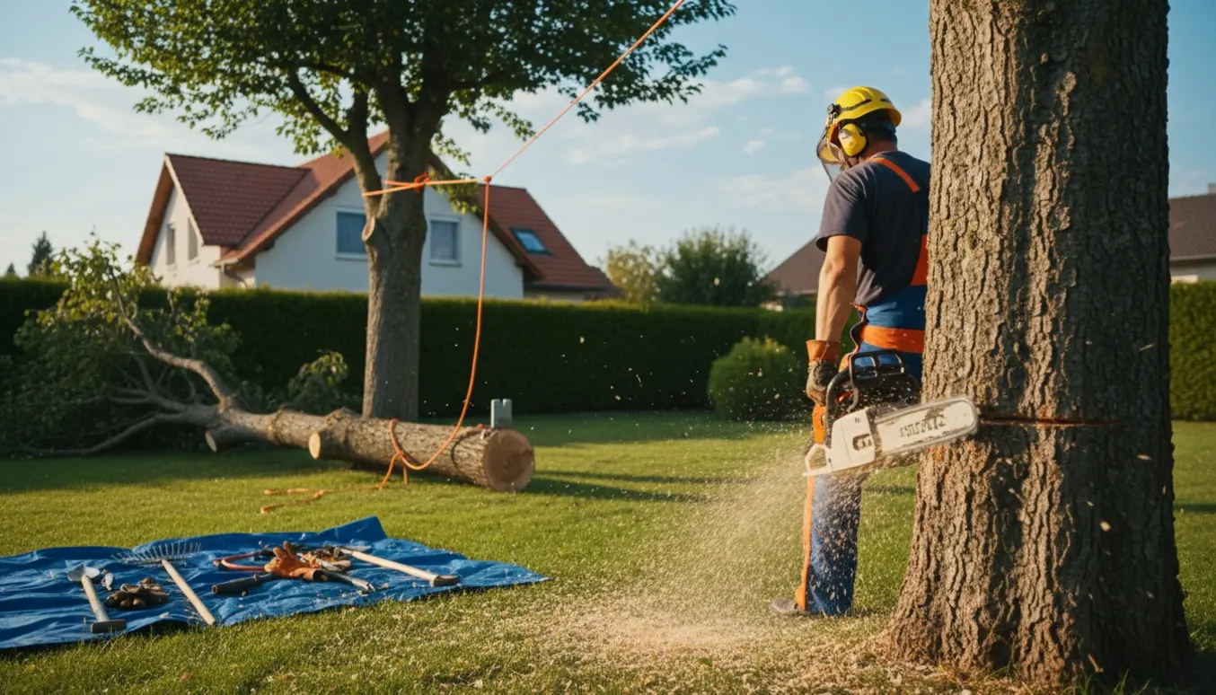 Forberedt fældning af træ i villahave med motorsav, tov og beskyttelsesudstyr, ansigt ikke synligt.