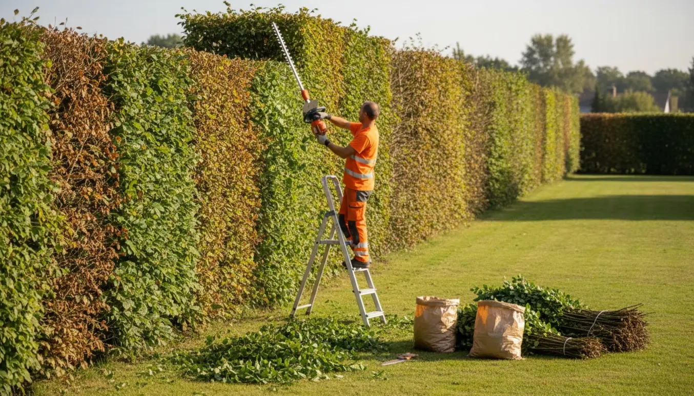 Lang bøgehæk bliver professionelt klippet til cirka to meter langs en havegrænse, med friske afklip og håndværker set bagfra.