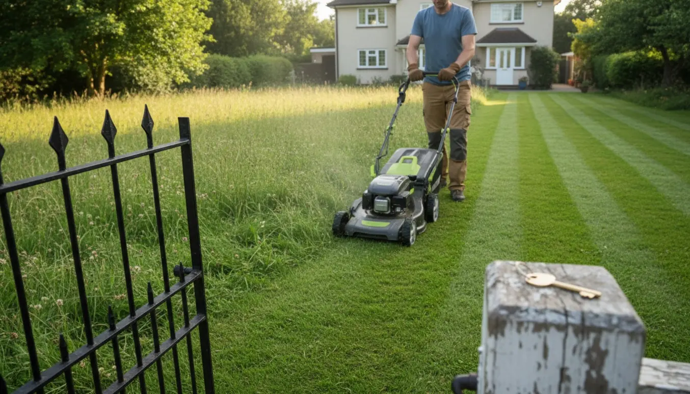 En person slår en stor, let overvokset havegræsplæne med plæneklipper, mens en nøgle ligger på en lågepost.