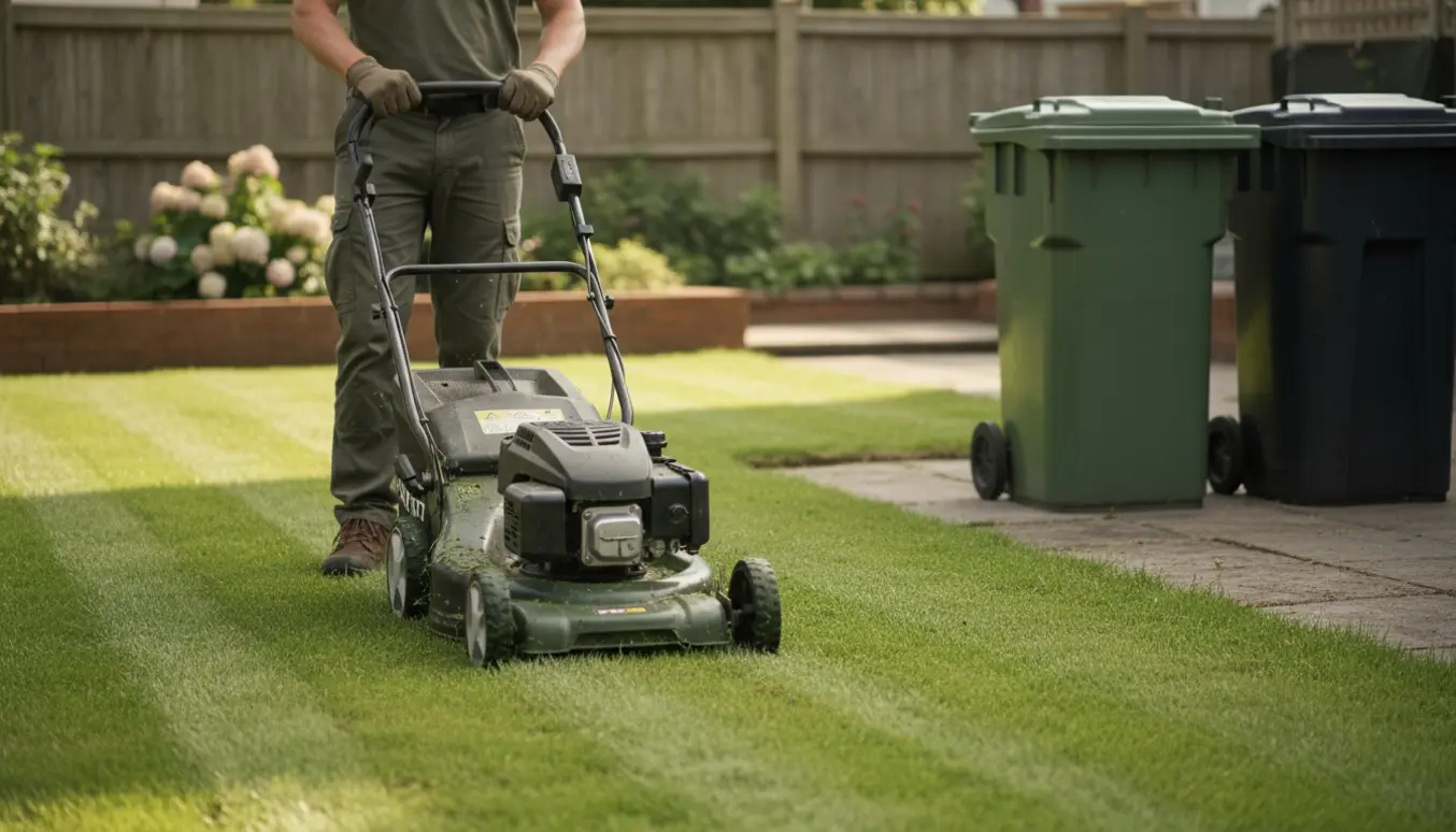 Person klipper græsset med en plæneklipper, synlige græsstriber og affaldsspande i baggrunden.