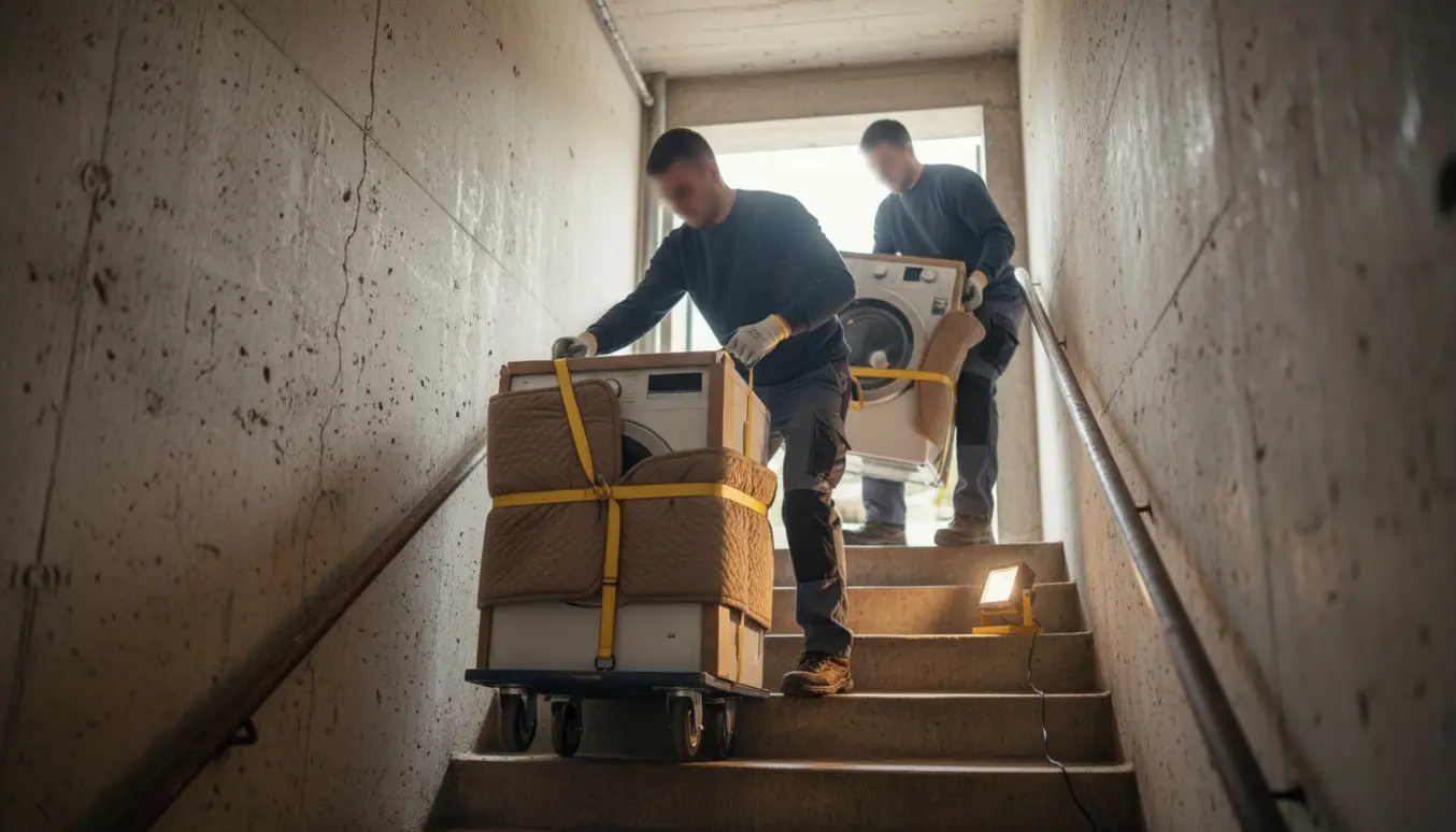 Flyttemænd bærer en ny vaskemaskine ned ad en smal betontrappe i en kælderskakt, mens den gamle bæres op.