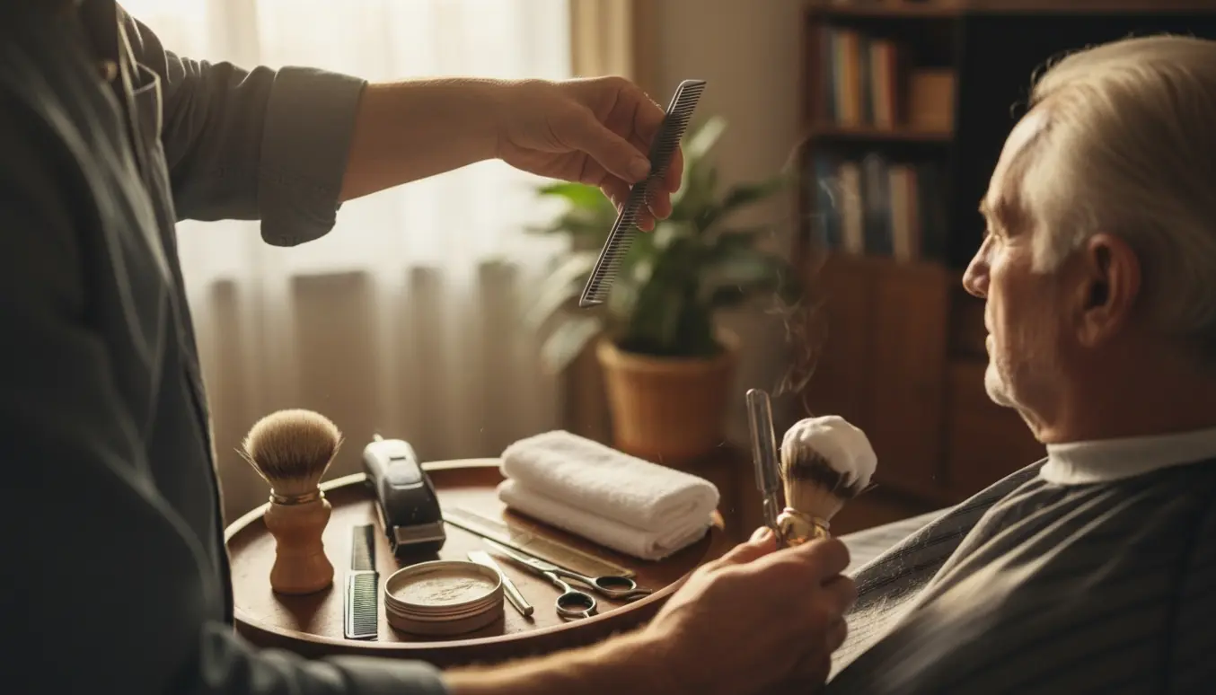 Nærbillede af klipning og barbering af en ældre mands grå hår i et lyst, hjemligt miljø.