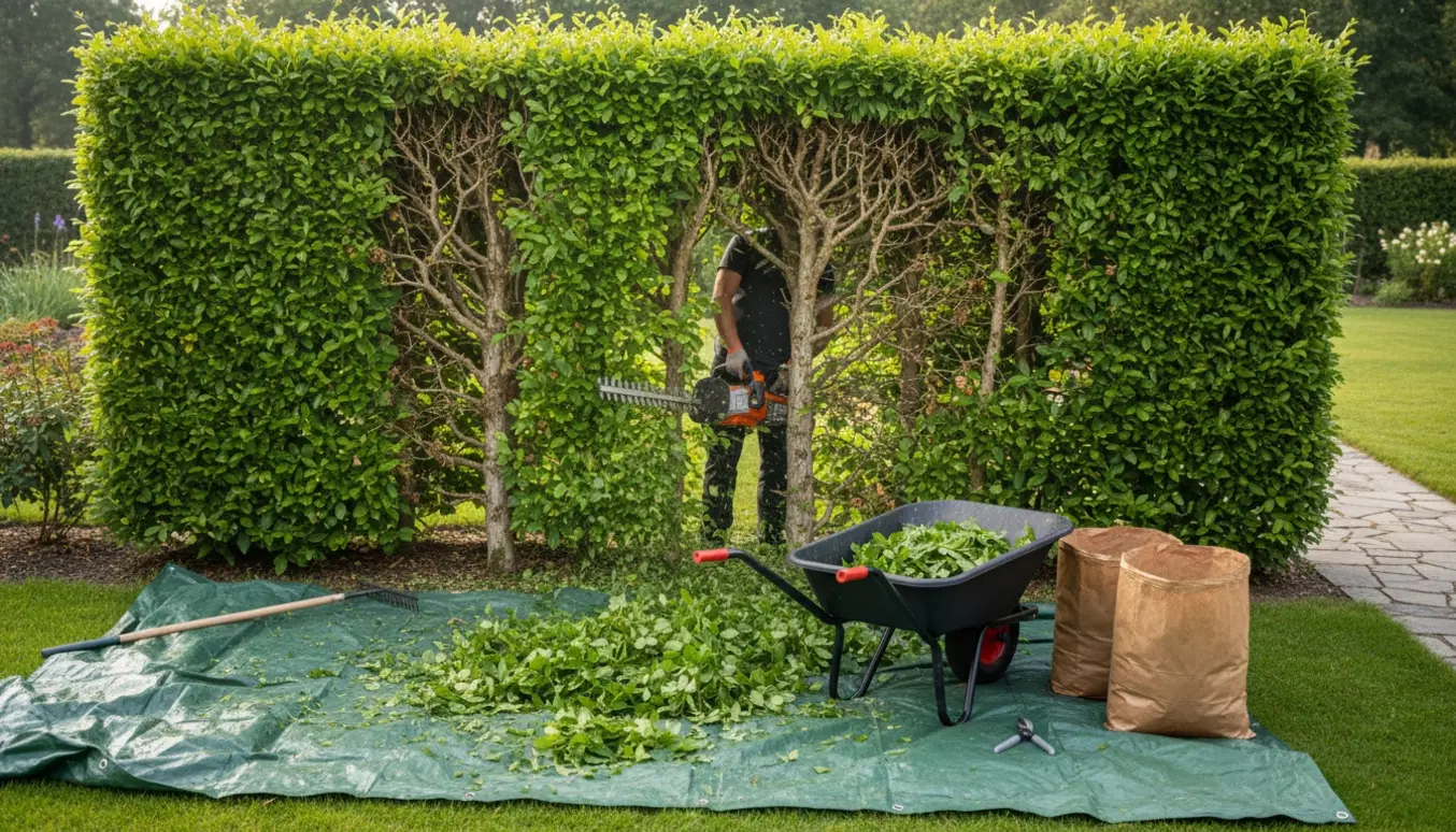 Gartner trimmer en bøgehæk med friske afklip samlet i en trillebør klar til bortkørsel.