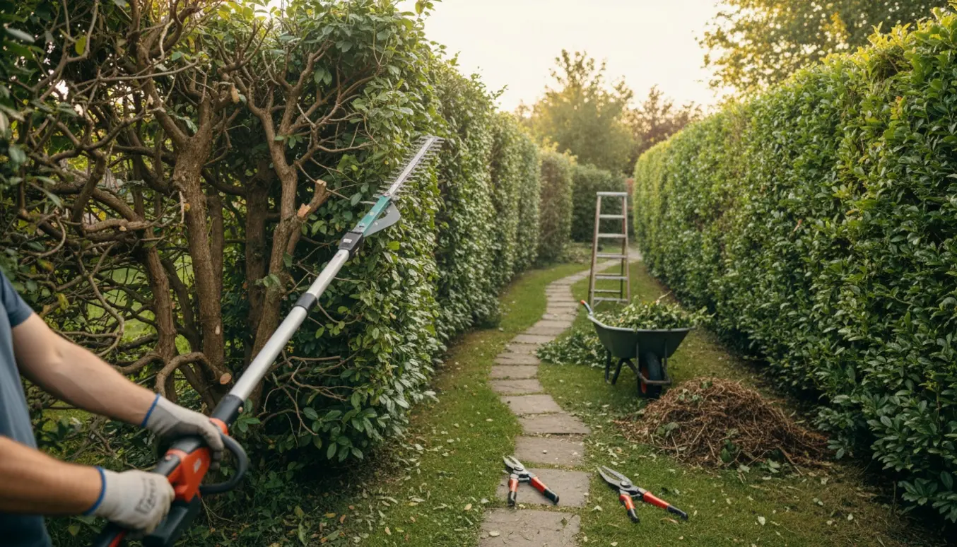 En person set fra håndleddet trimmer en høj, overgroet hæk med teleskop-hækkeklipper, afskårne grene i trillebør.