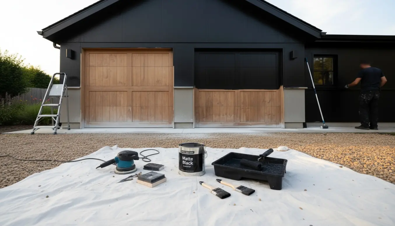 Udvendig garage under ommaling, delvis slebet og delvist malet mat-sort med maleredskaber i forgrunden.
