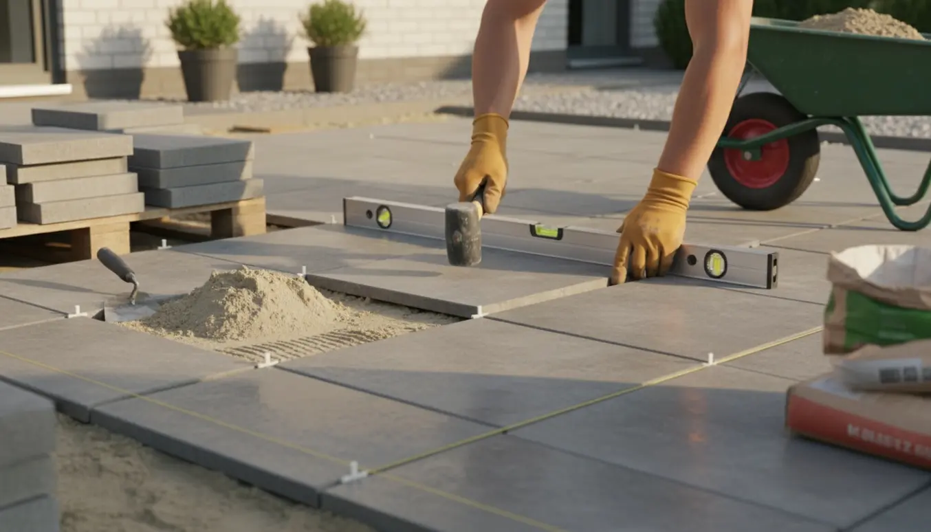 Hænder placerer store kvadratiske fliser på en ny terrasse med værktøj og materialer omkring.
