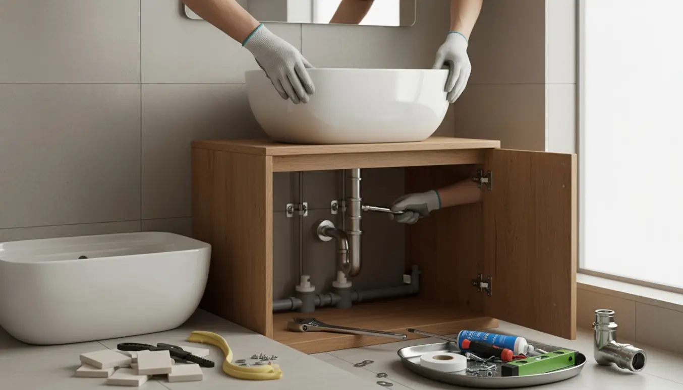 Nærbillede af installation af ny baderumsvask og underskab med værktøj og synlige rør.