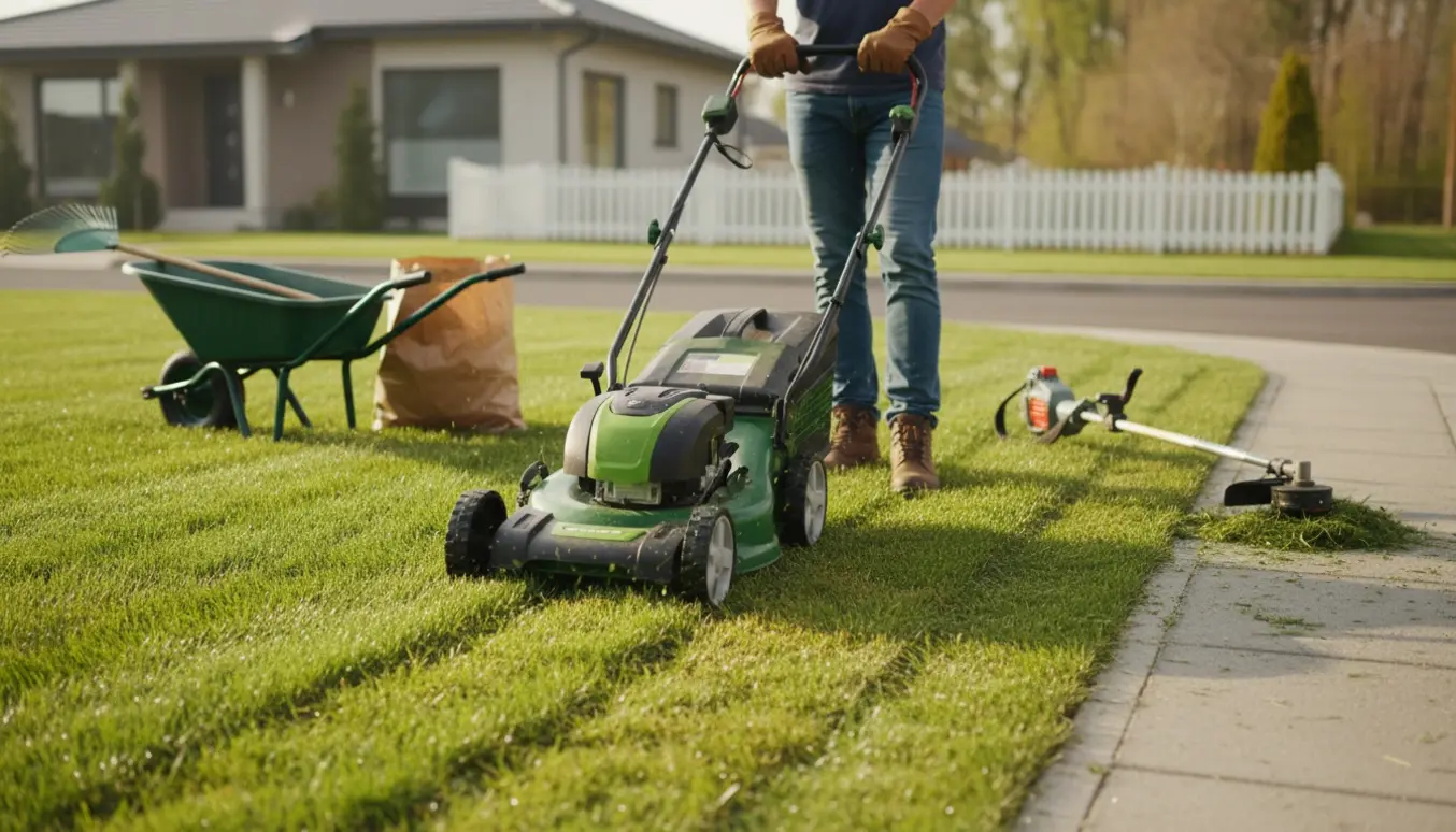 Nyslået græs i have og ved græsrabatten med plæneklipper og kanttrimmer i morgenlys.