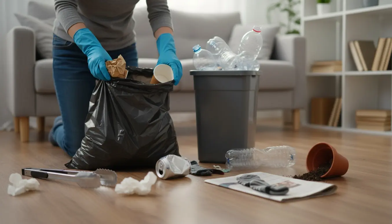 Hænder i gummihandsker kaster affald i en åben skraldepose i en stue.