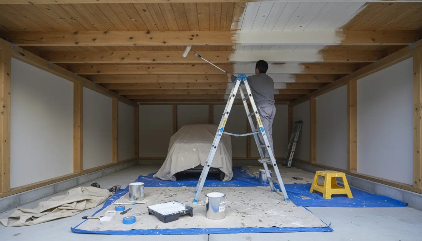 Carportloft bliver malet med rulle fra en stige, omgivet af afdækning og malerbøtter.