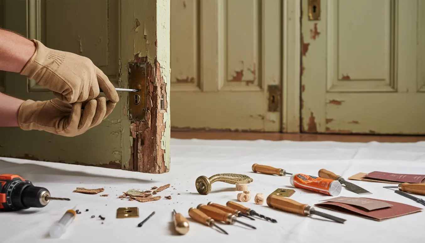 Nærbillede af hænder, der reparerer løse dørhåndtag på gamle, slidtmalede døre med værktøj og træmaterialer.