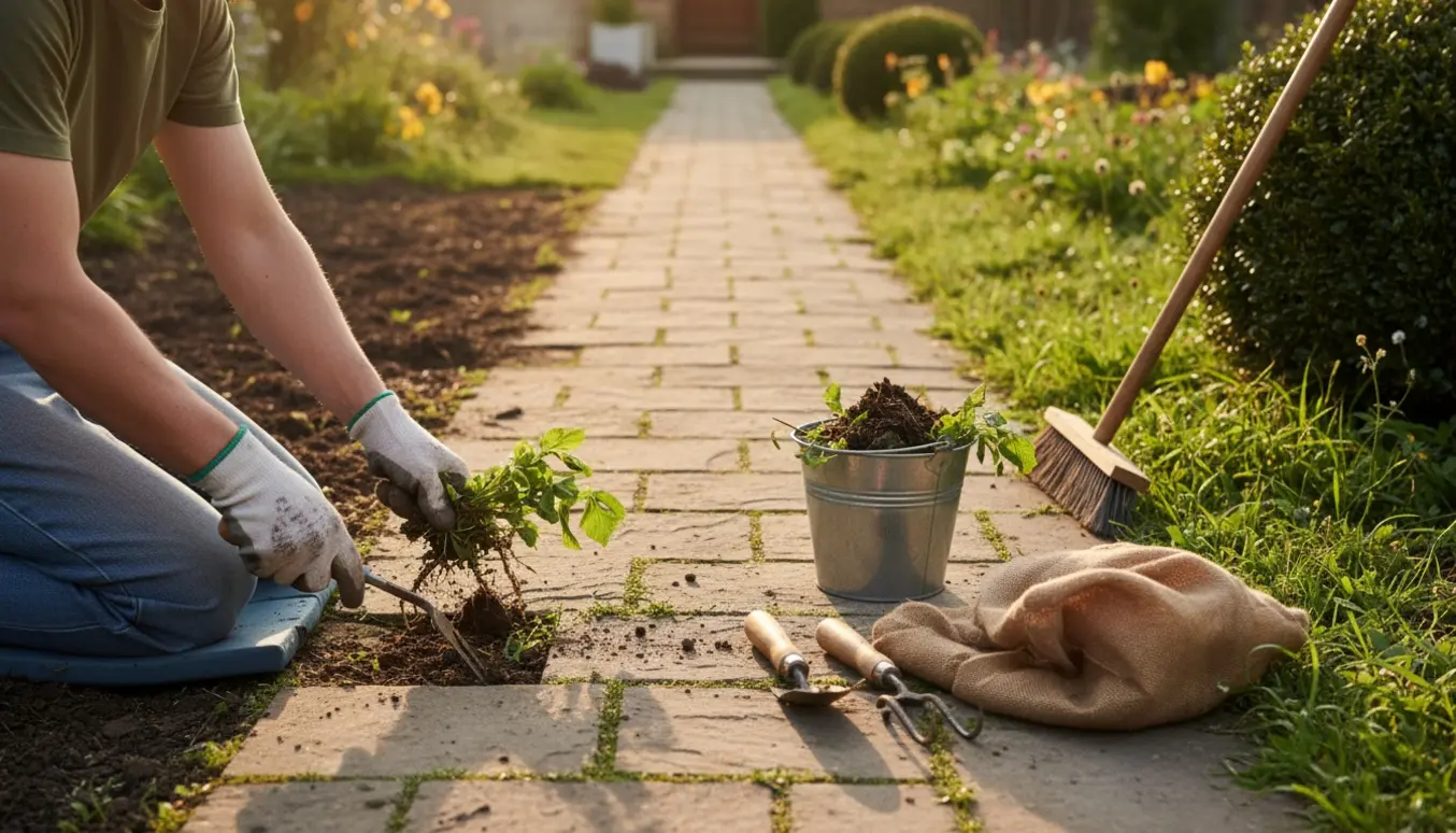 Hænder i handsker fjerner ukrudt mellem fliser med haveredskaber ved en bedkant i varmt eftermiddagslys.