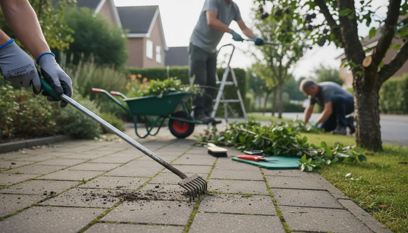 Hænder fjerner ukrudt fra en flisegang ved huset, mens et blommetræ beskæres og grene samles i en trillebør.