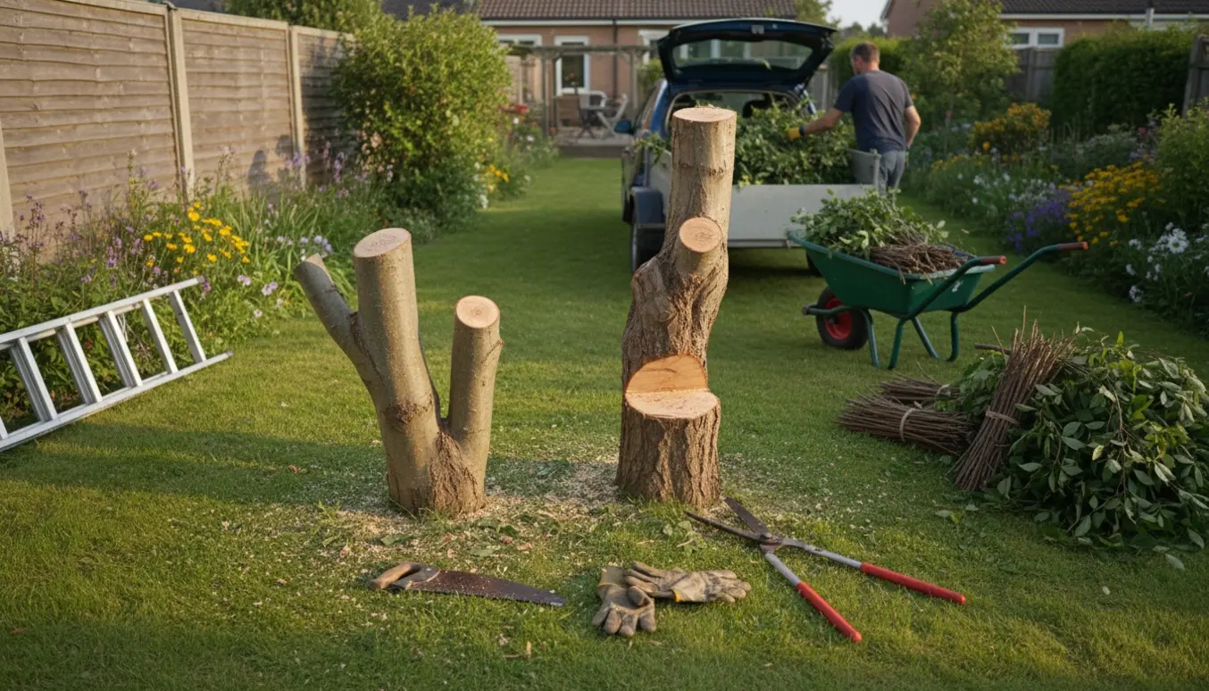 Nybeskårede træstammer og bundter af grene i en villahave klar til bortkørsel.