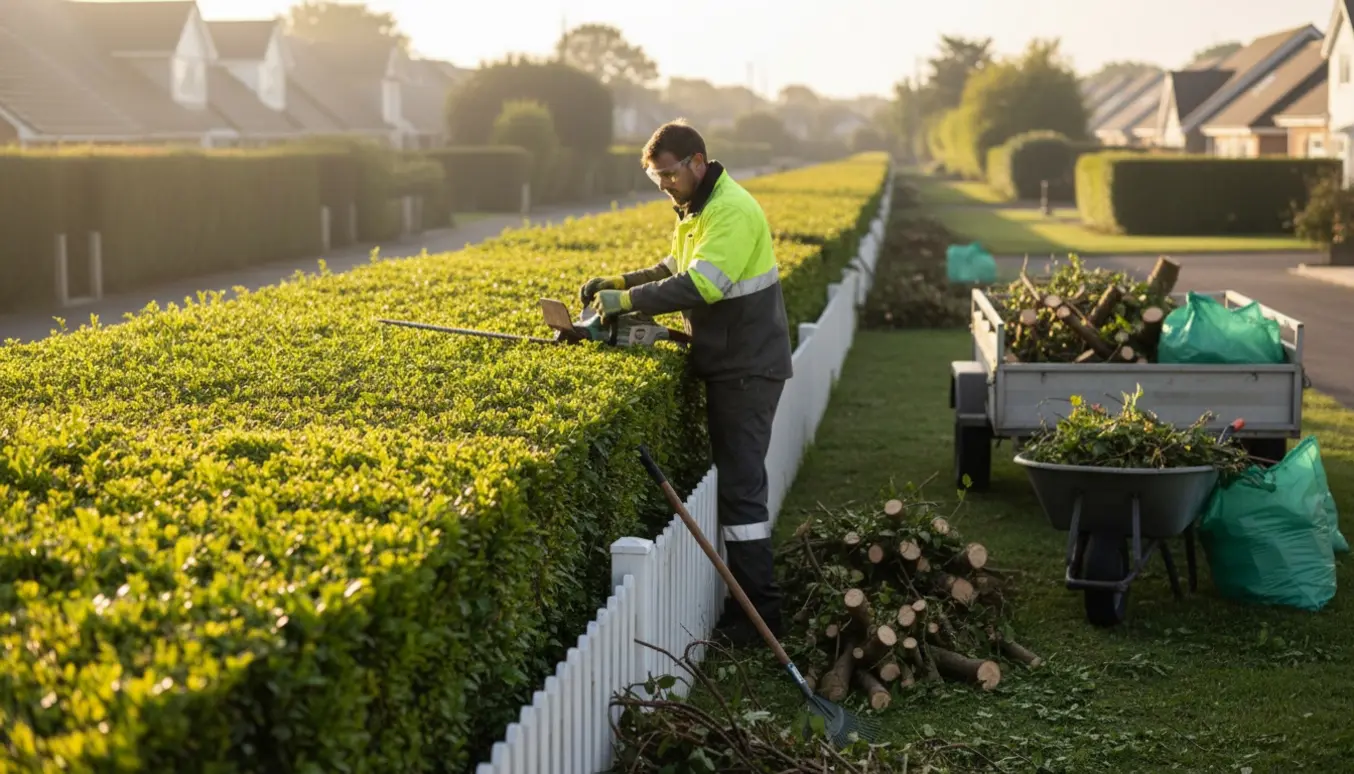 Professionel klipning af en lang hæk med afklippede grene samlet i trailer.