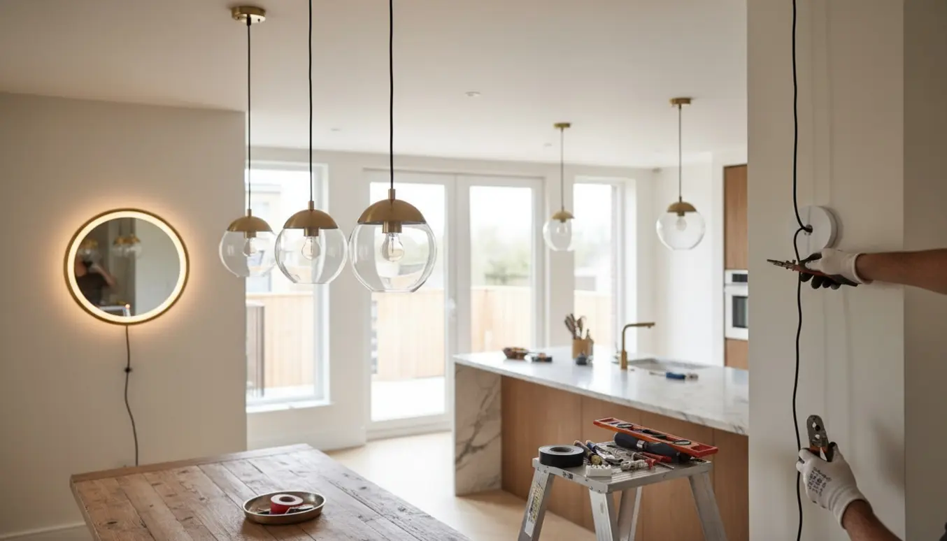 Åbent køkken-alrum med tre messing-hængelamper over spisebordet, to over køkkenbordet og spejllampens kabel ført pænt til loftrosetten.