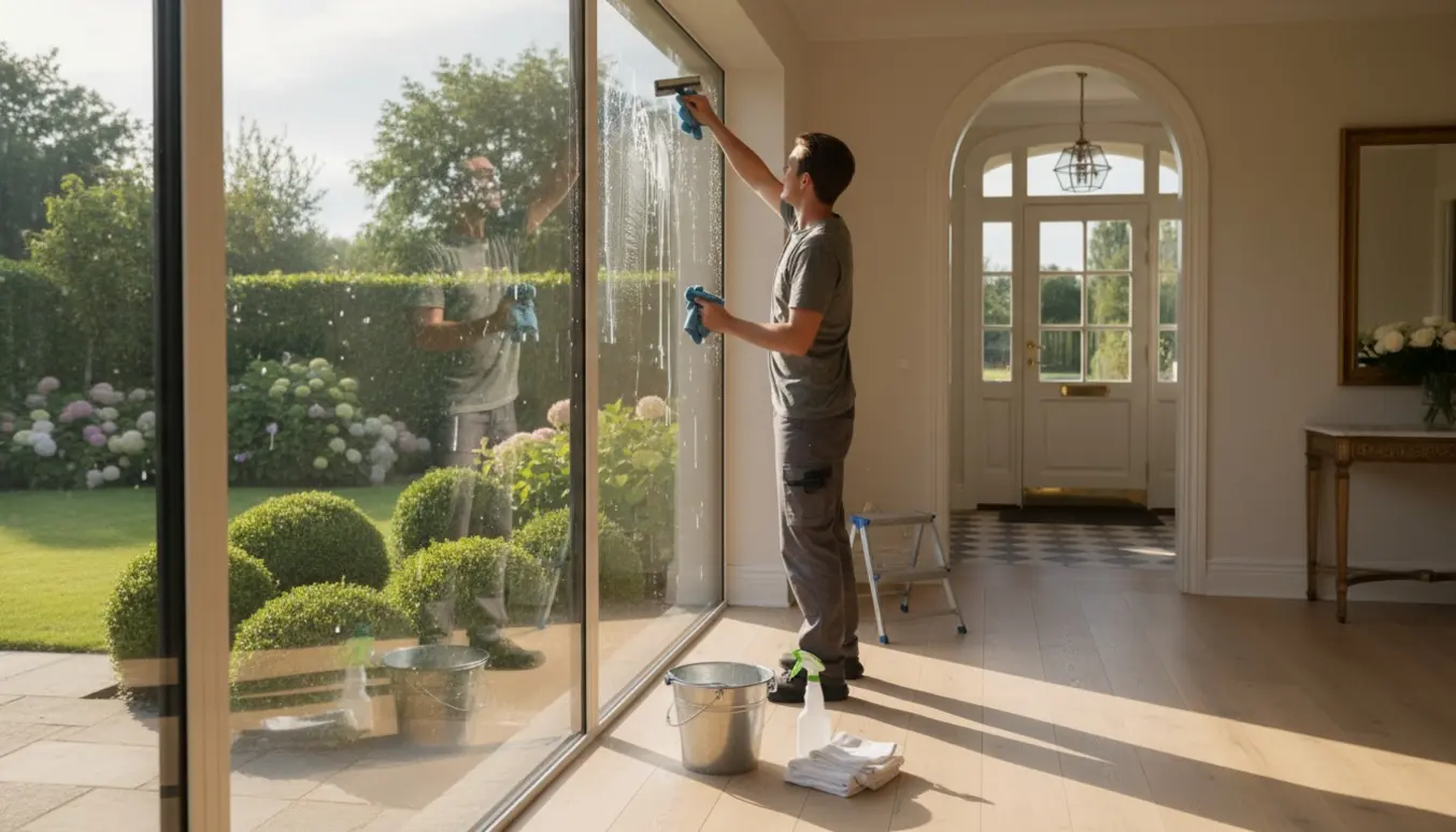 Hænder pudser store glasdøre i en solfyldt havestue i en villa med spand og stige i baggrunden.