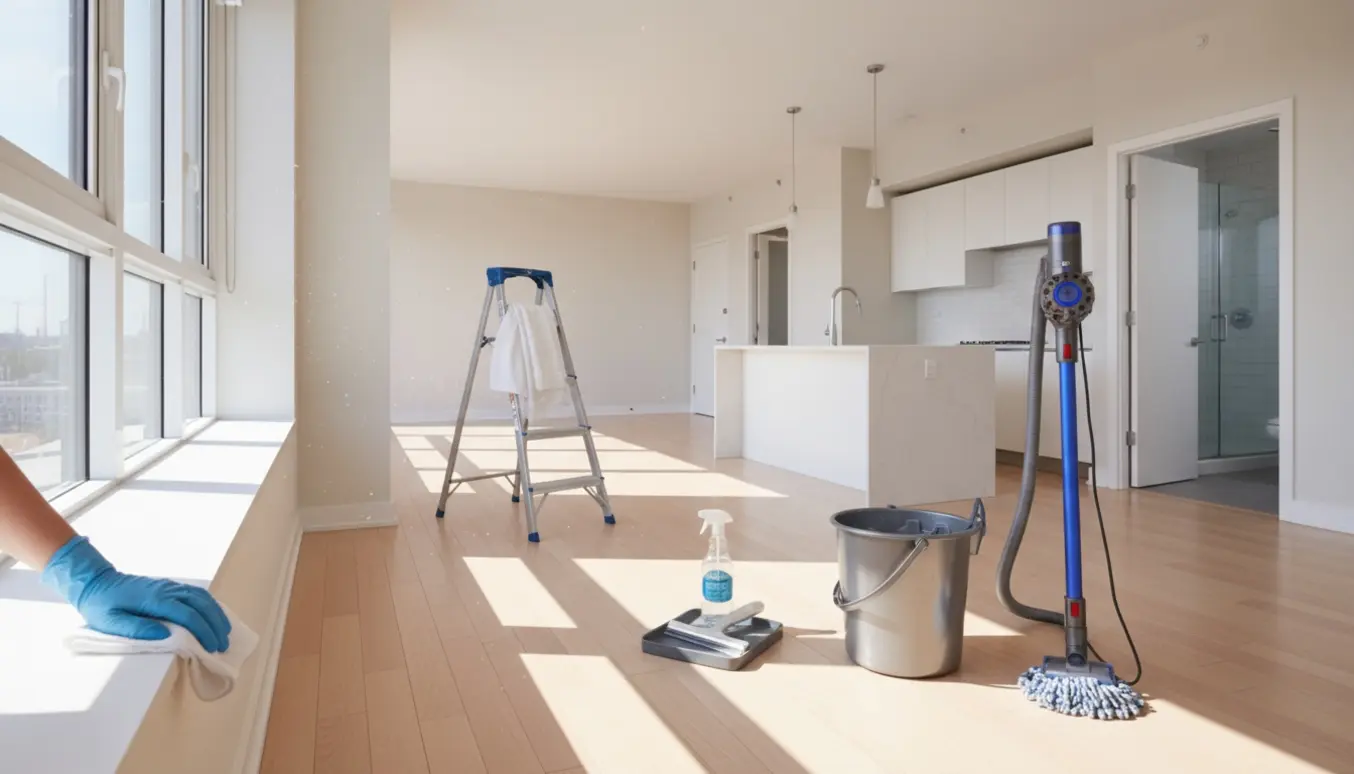 Tom lejlighed ved indflytning med rengøringsudstyr og skinnende, nypudsete overflader.
