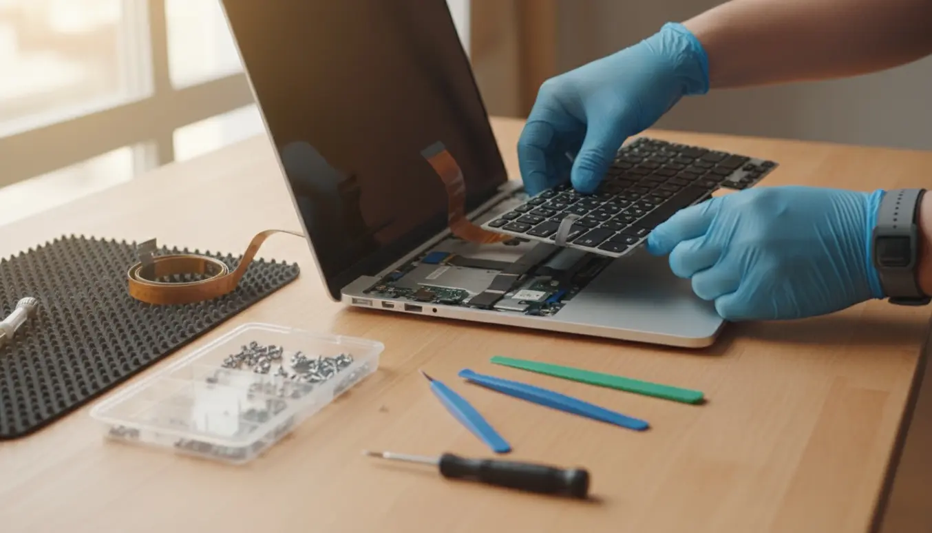 Hænder udskifter tastatur på en åben 15-tommer workstation-laptop med værktøj og reservedel på et lyst arbejdsbord.