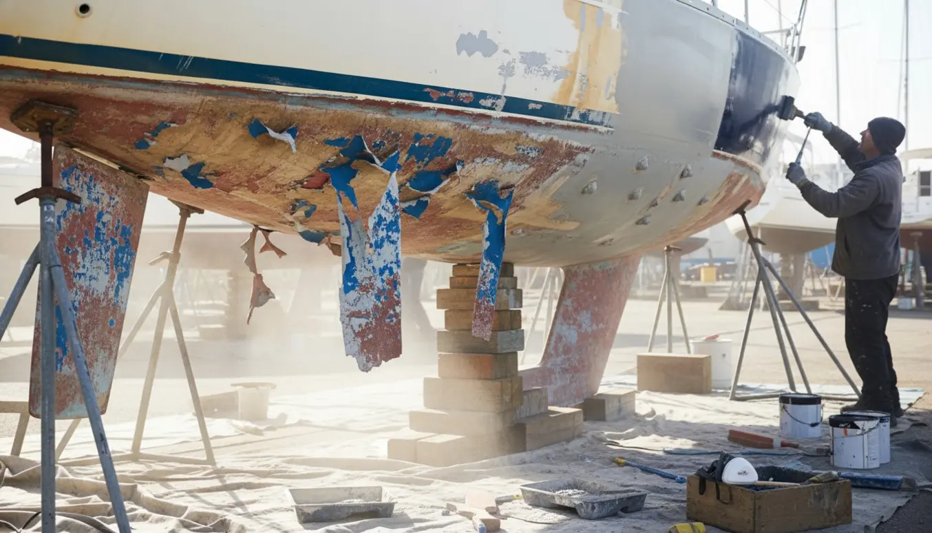 Båd på værft med skrog hvor gammel bundmaling fjernes, slibes, spartles og påføres primer og ny bundmaling.