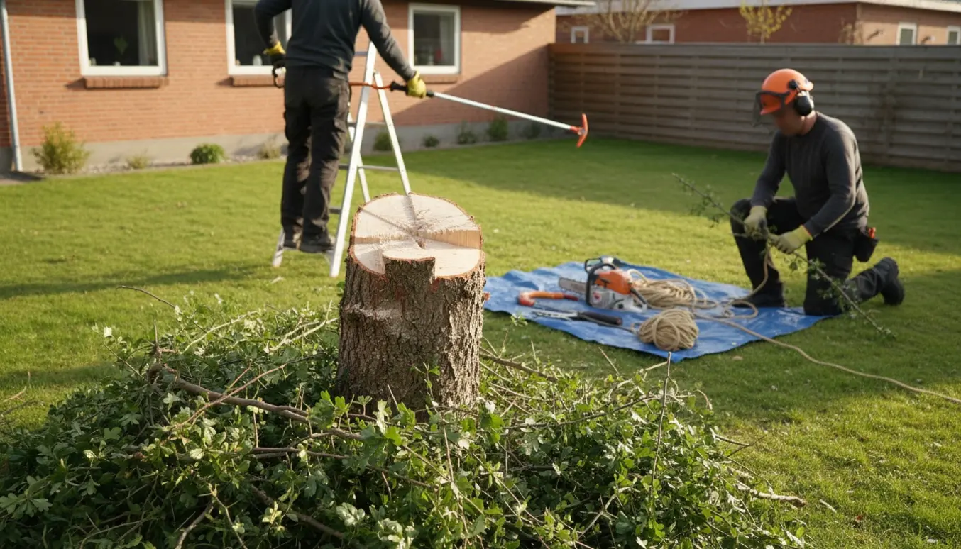 Kraftig beskæring af et tjørnetræ i have med frisk savsnit, afklippede grene og håndværkere set bagfra.