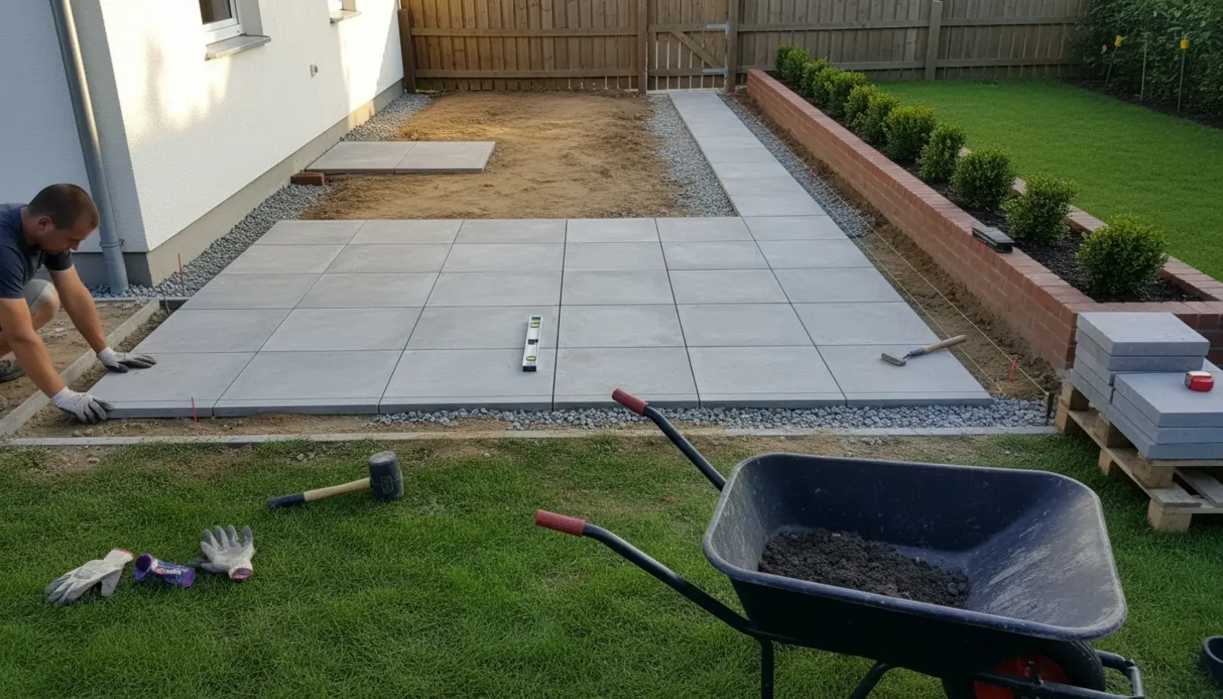 Baghave med terrasseudvidelse under anlæggelse med 50x50 fliser, kantflise mod græs og halvt udgravet jord.