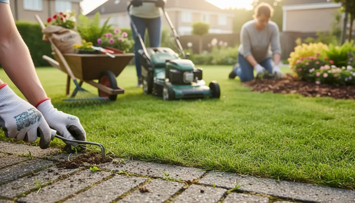 Nærbillede af havearbejde med græsslåning, lugning af bede og fjernelse af ukrudt i indkørsel.