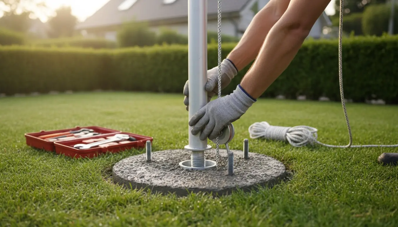 Nærbillede af en flagstang, der rejses i en nys støbt sokkel med værktøj og hænder i handsker.