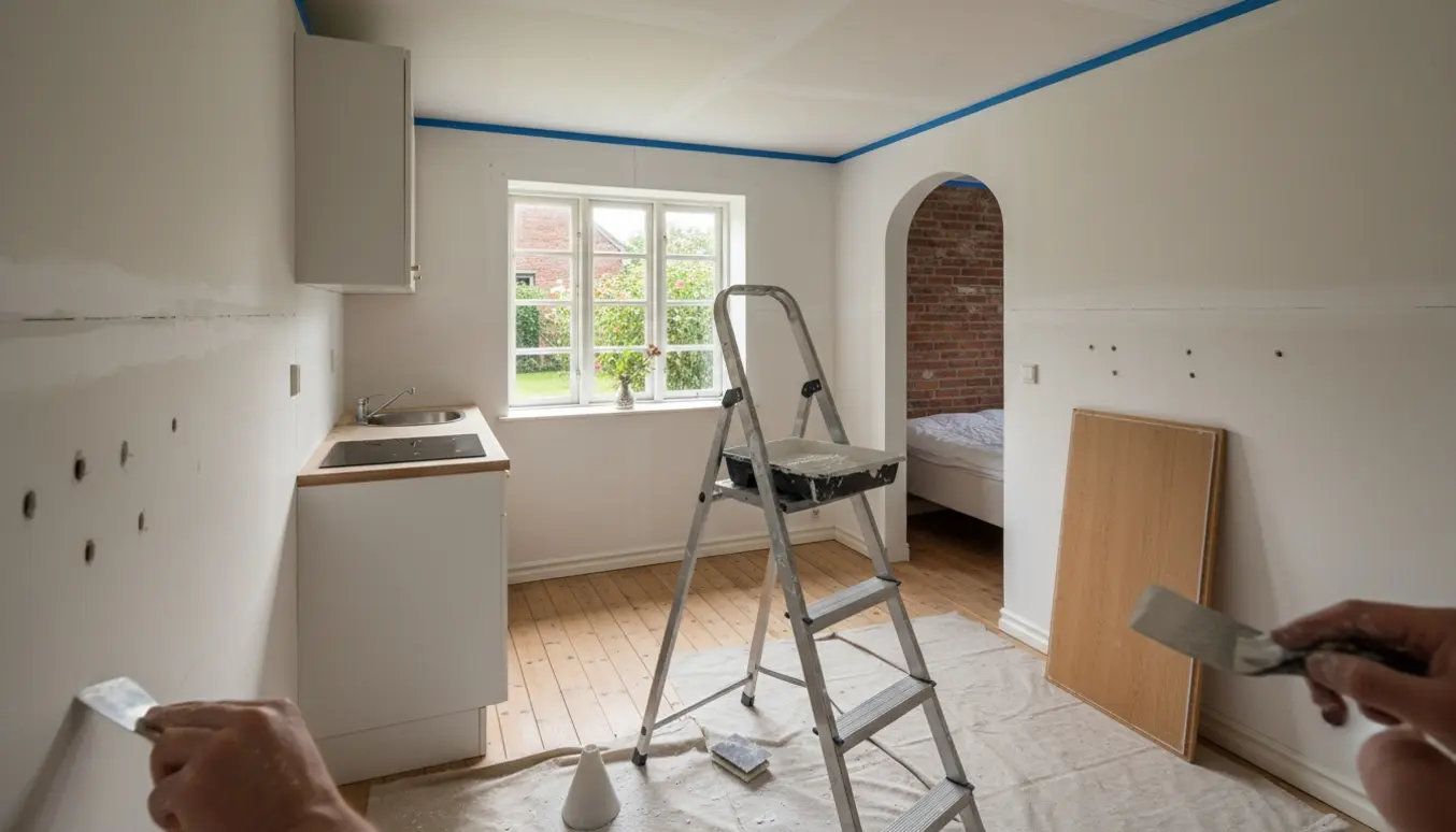 Hænder spartler huller og forbereder vægge og fodpaneler i et lille kolonihavehus klar til hvid maling.