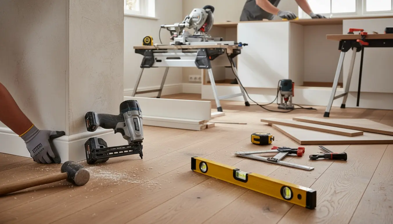 Tømrer tilpasser og monterer fodlister, gerigter og sokkel i et lyst rum.