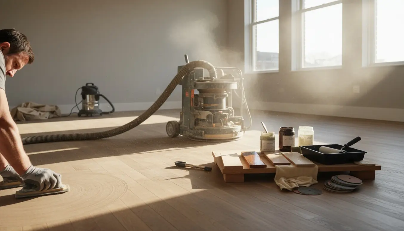 Slibning af et stort trægulv i lyst rum med slibemaskine, prøvestykker og efterbehandlingsmaterialer.