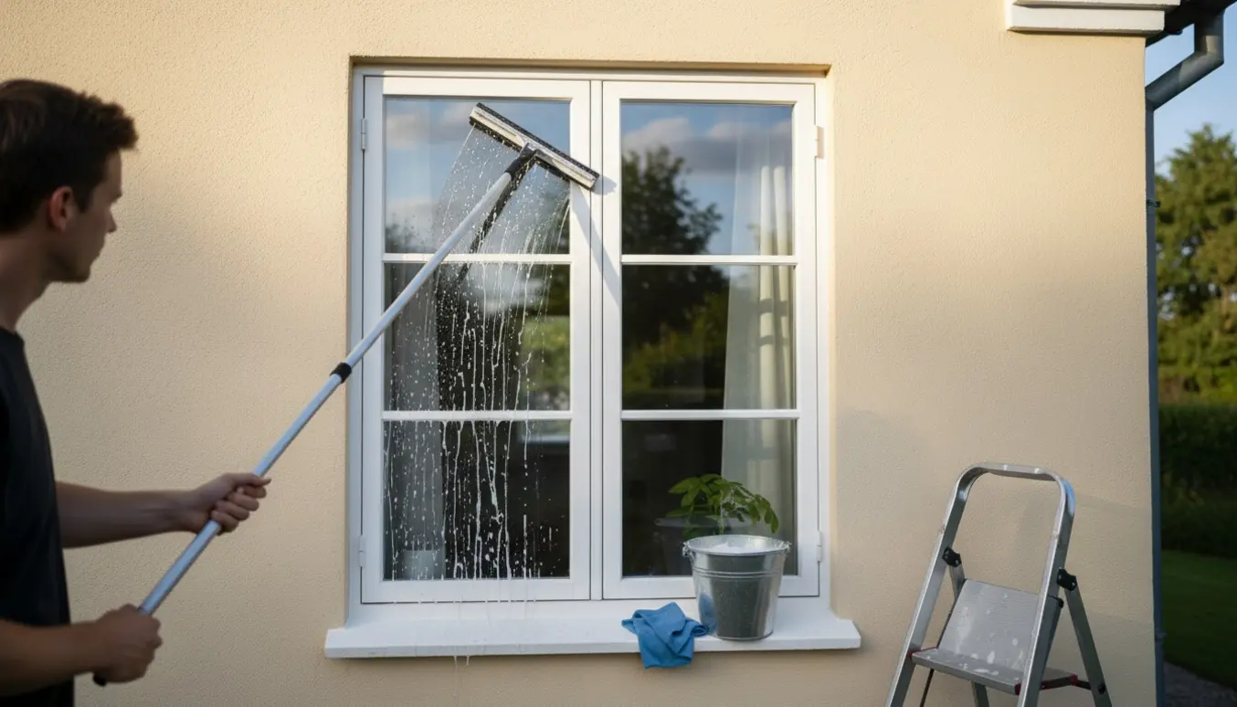 En person pudser udvendige vinduer på et stuehus med forlængerstang og vinduesskraber, uden ansigt synligt.