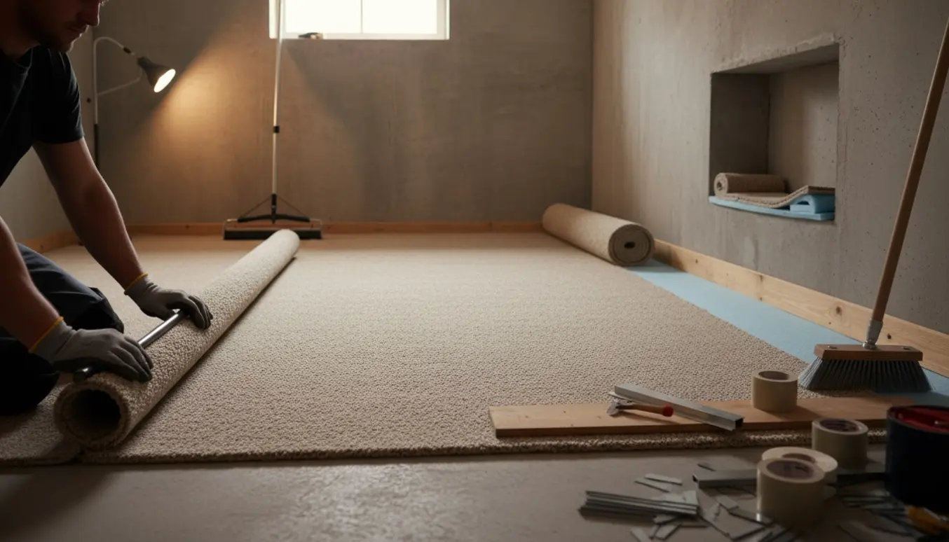 Væg-til-væg-tæppe rulles ud i en kælder med underlag og værktøj klar.